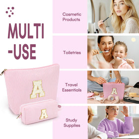 mibasies Initial Makeup Bag with skincare items inside