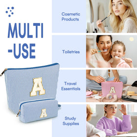 mibasies Initial Makeup Bags in various colors, arranged