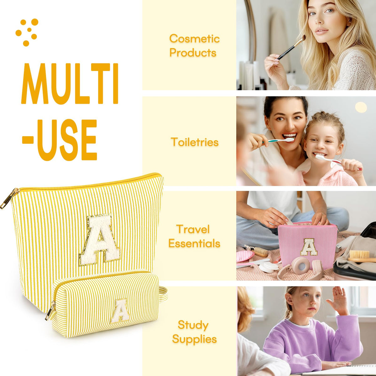 mibasies yellow cosmetic bag in travel setting