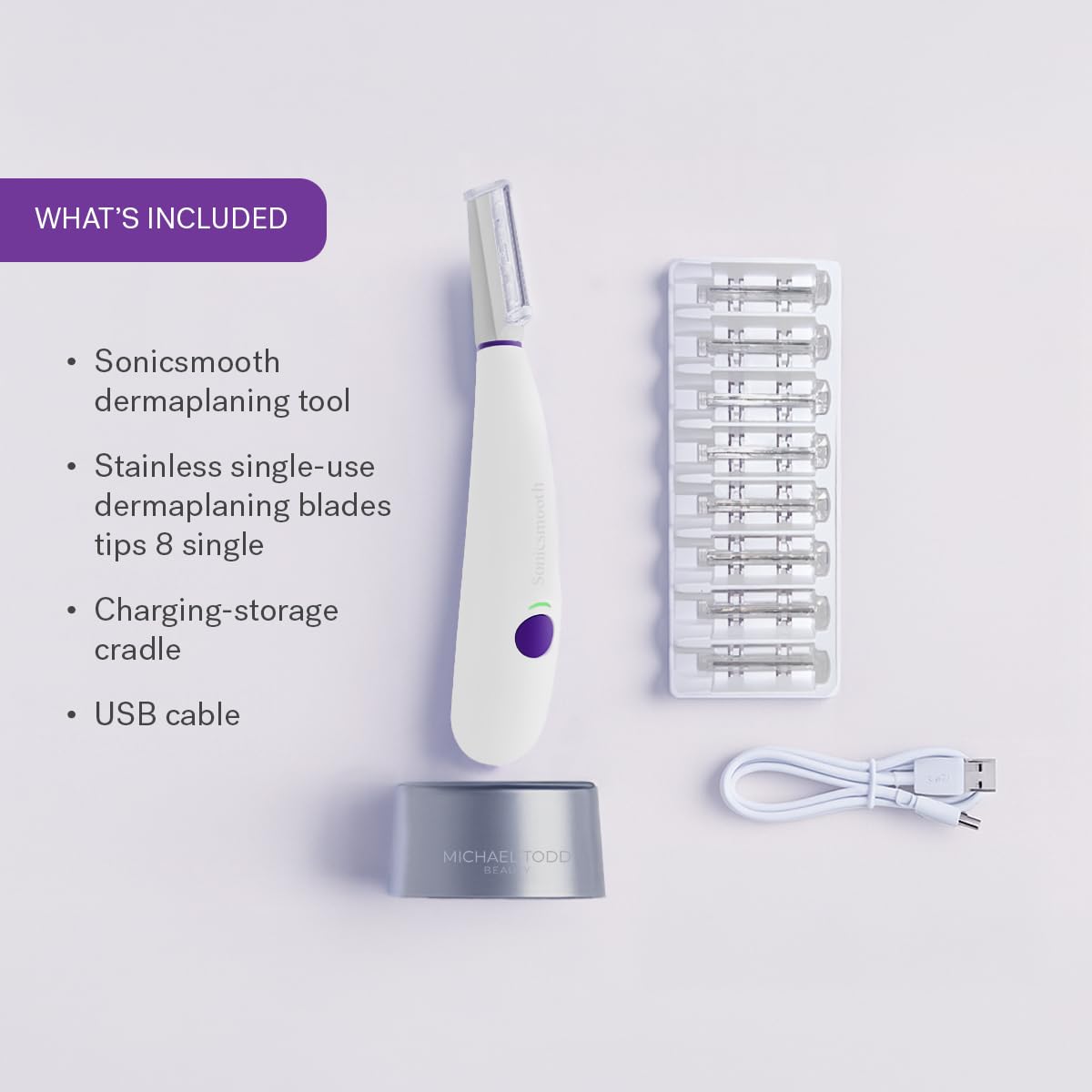 MICHAEL TODD Sonicsmooth Dermaplane Razor on a bathroom counter