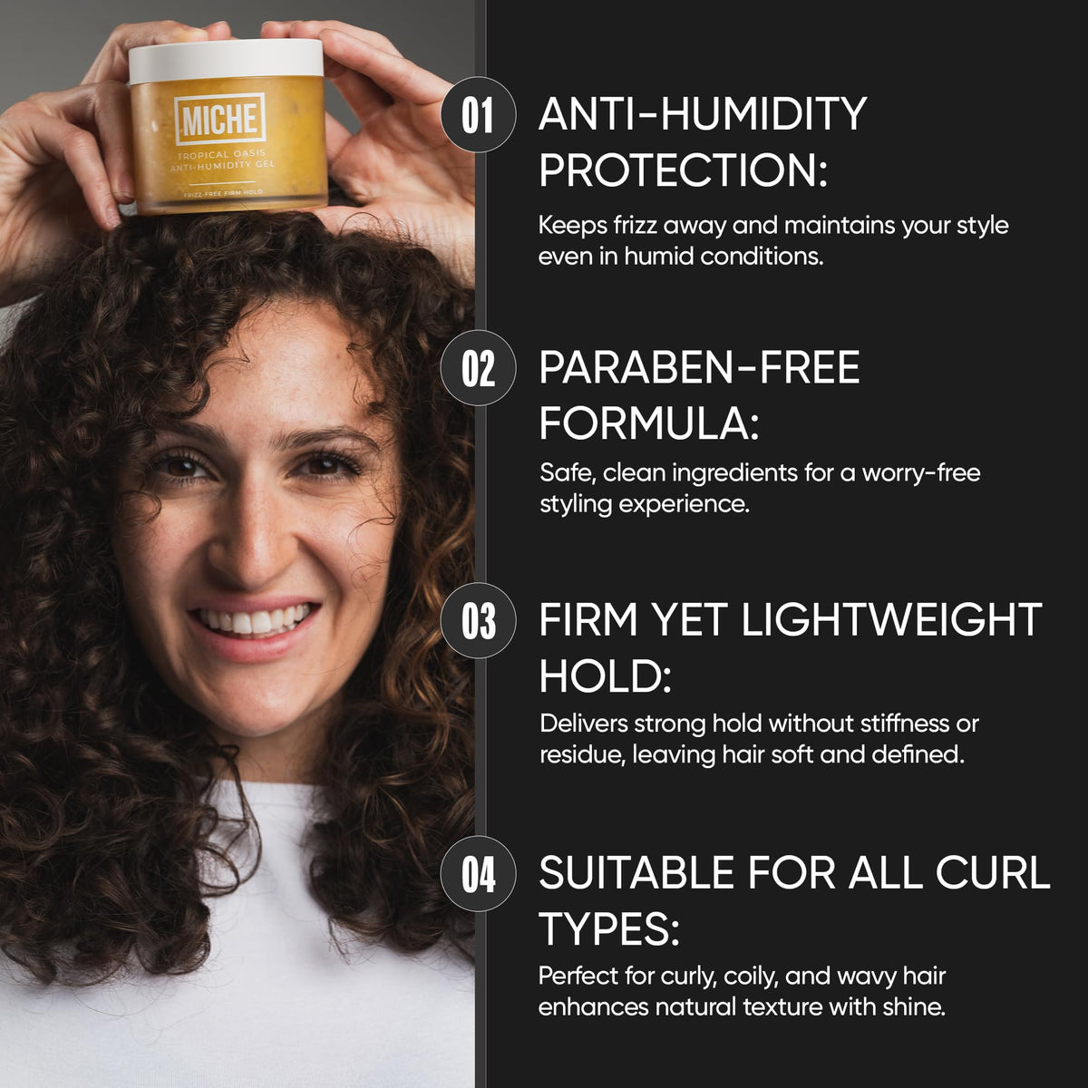 Miche Beauty Anti-Humidity Hair Gel 8.8 oz on a vanity