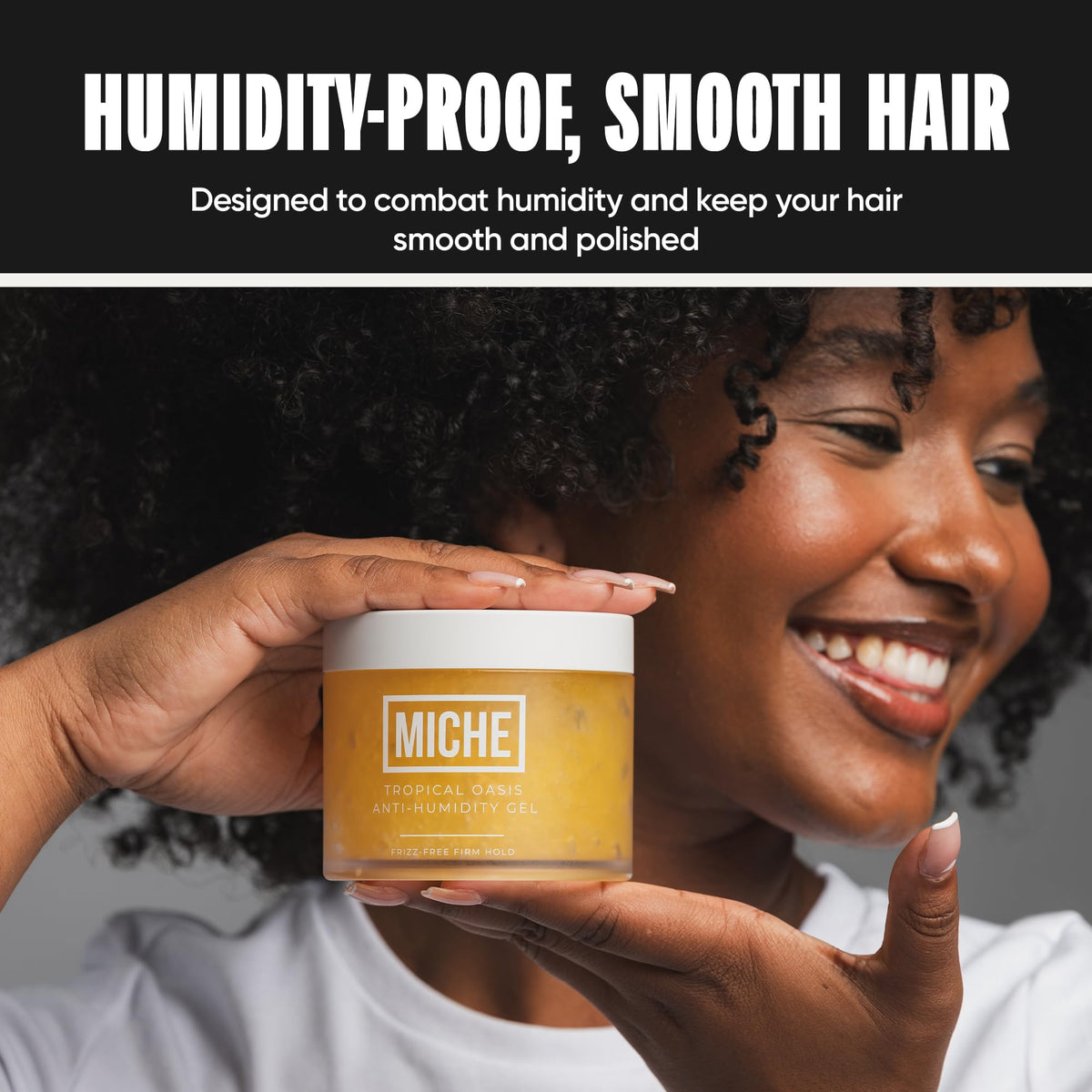 Miche Beauty Anti-Humidity Hair Gel 8.8 oz with tropical background