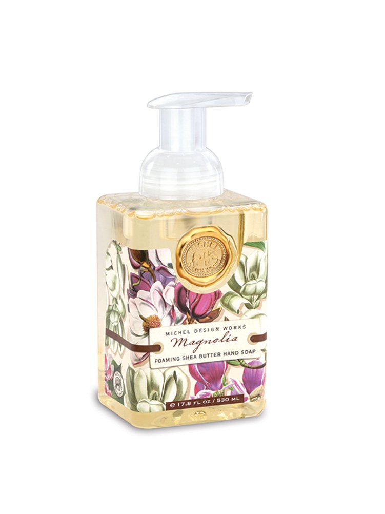 Michel Design Works Foaming Hand Soap Magnolia 17.8 oz front view with elegant pump dispenser