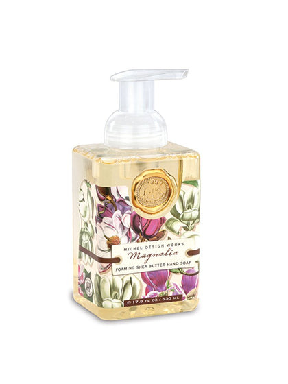 Michel Design Works Foaming Hand Soap Magnolia 17.8 oz front view with elegant pump dispenser