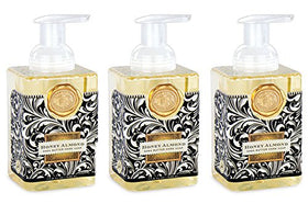 Michel Design Works Honey Almond Foaming Hand Soap front view with elegant dispenser
