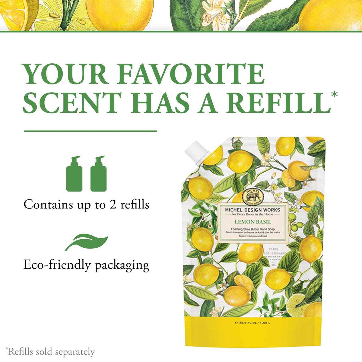 Michel Design Works Lemon Basil Foaming Hand Soap with citrus notes