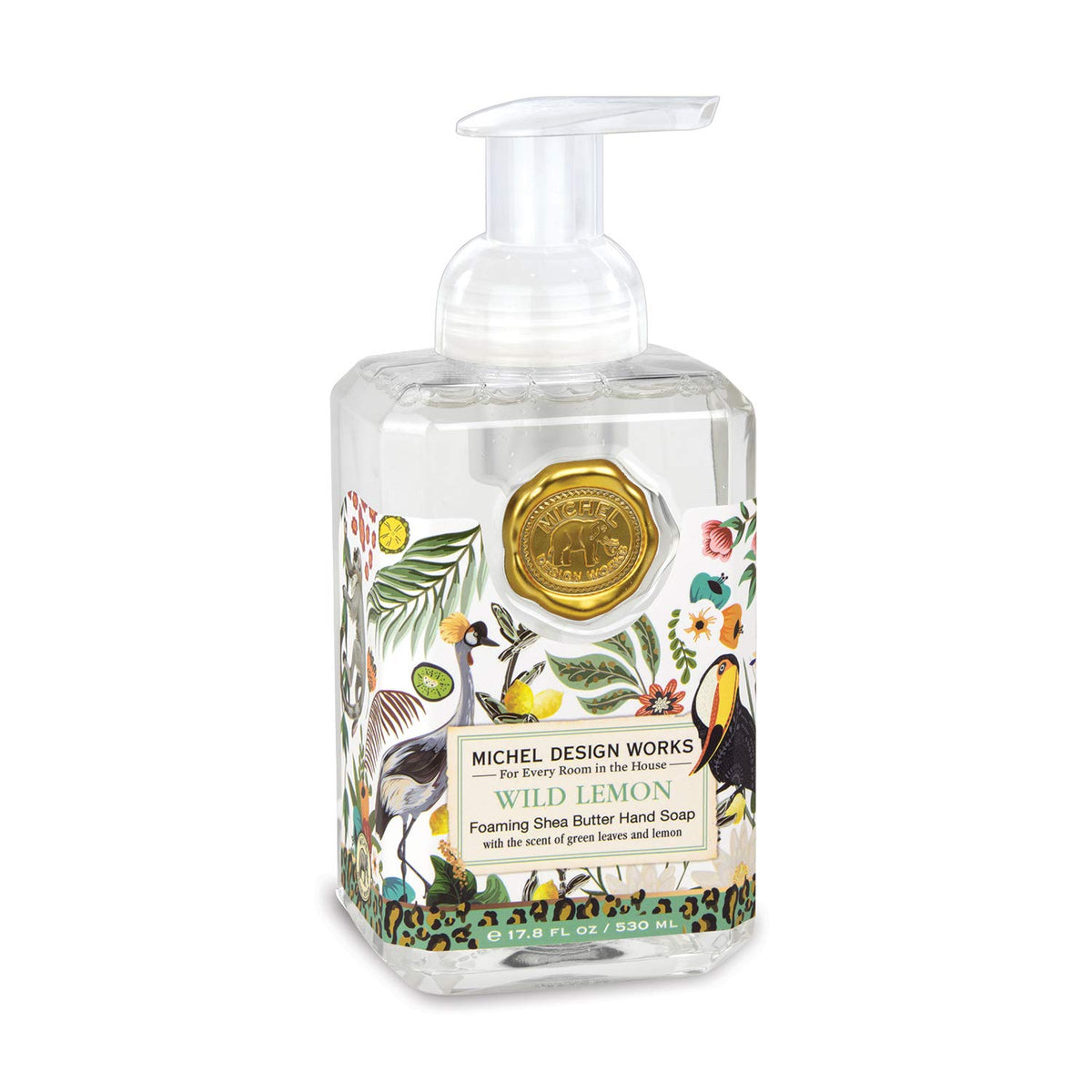 Michel Design Works Wild Lemon Foaming Hand Soap front view in elegant pump dispenser