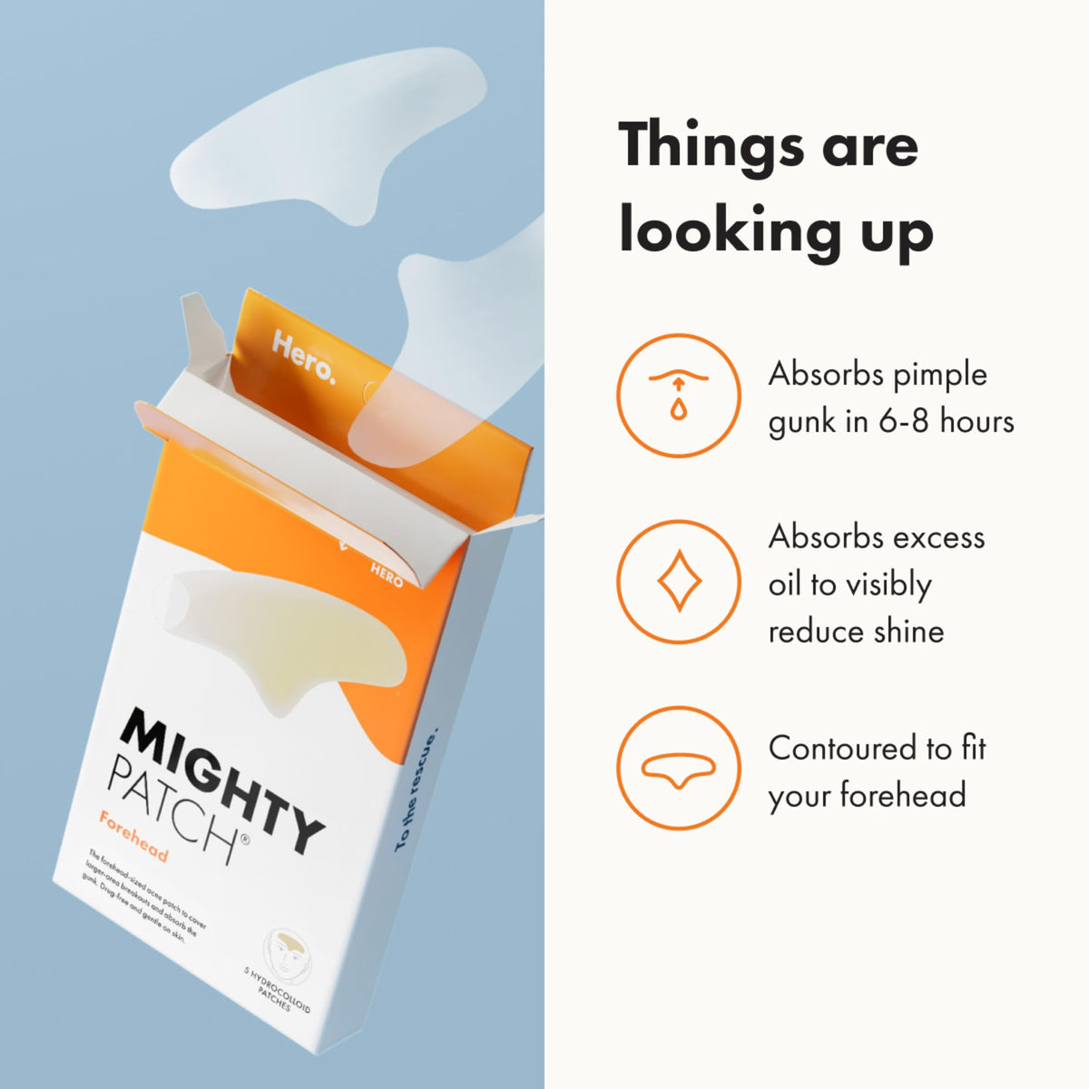 Mighty Patch Forehead patch on skin with product details