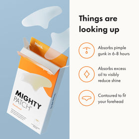 Mighty Patch Forehead patch on skin with product details