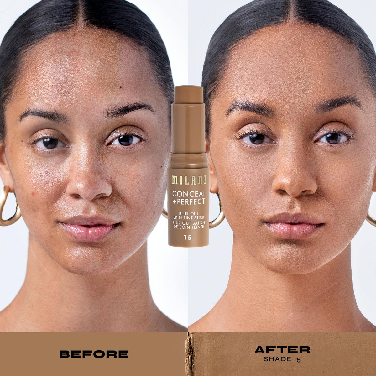 Milani Blur Out Skin Tint 15-Deep Tan Neutral with makeup brush