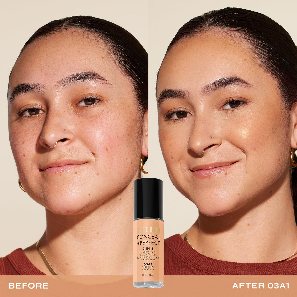 Milani Conceal + Perfect 2-in-1 Foundation + Concealer 03A1-Pure Beige texture close-up