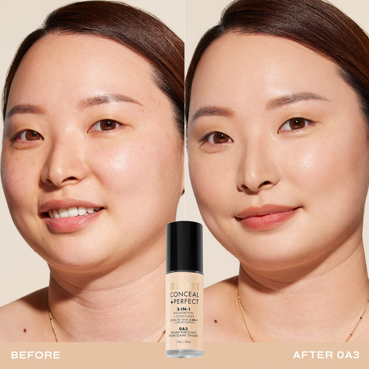 Milani Conceal + Perfect 2-in-1 Foundation + Concealer 0A3-Warm Porcelain bottle side view