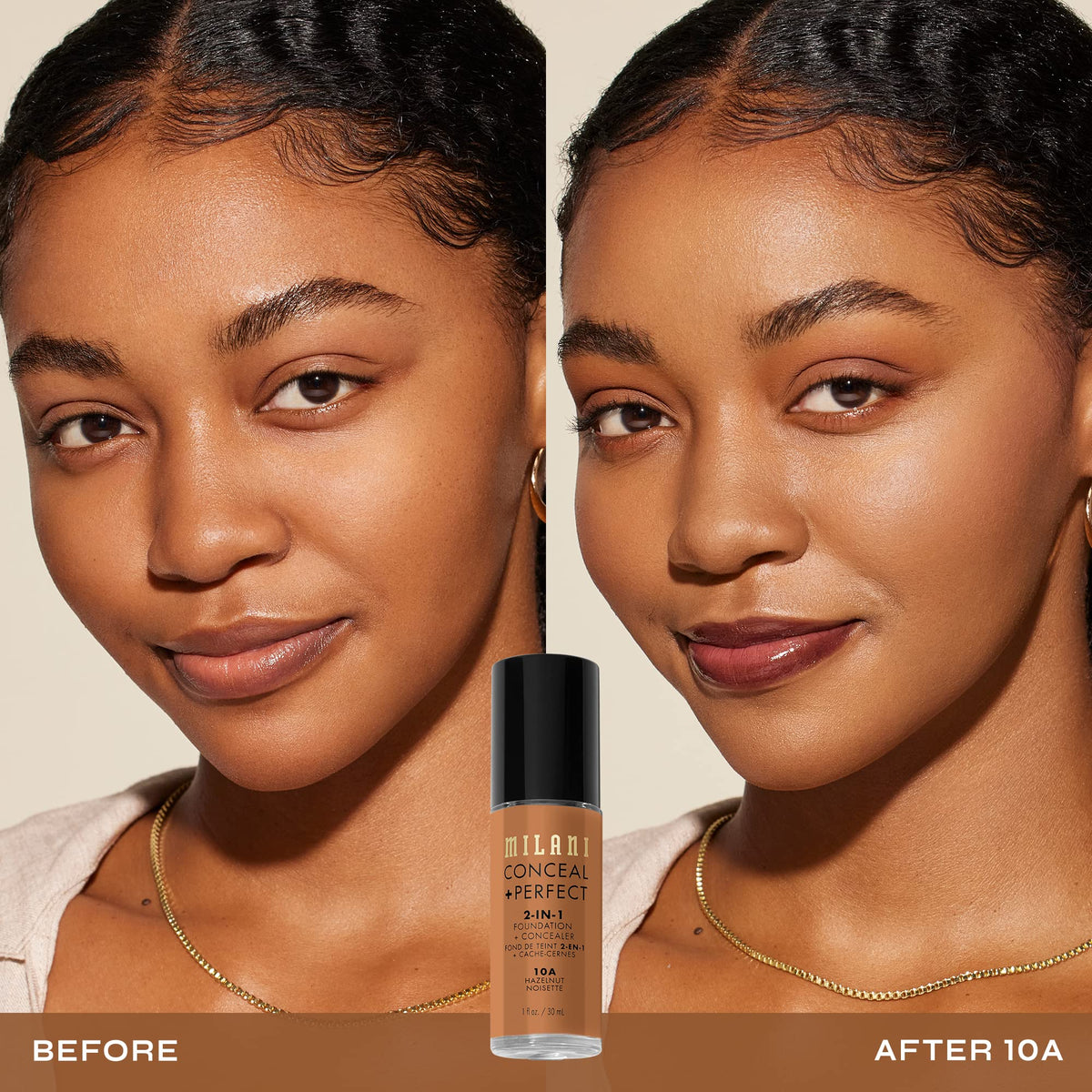 Milani Conceal + Perfect 2-in-1 Foundation + Concealer 10A Hazelnut bottle side view