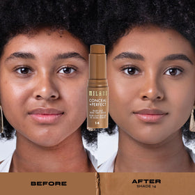 Milani Conceal + Perfect Blur Out Skin Tint Foundation 14-Tan Golden Olive with makeup accessories