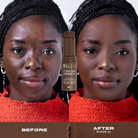Milani Conceal + Perfect Blur Out Skin Tint Foundation 23-Rich Red with makeup brushes