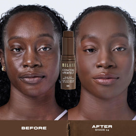 Milani Conceal + Perfect Blur Out Skin Tint Foundation application with brush