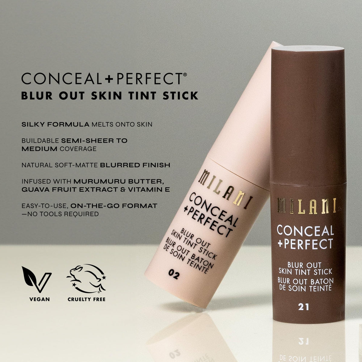 Milani Conceal + Perfect Blur Out Skin Tint Foundation with makeup tools