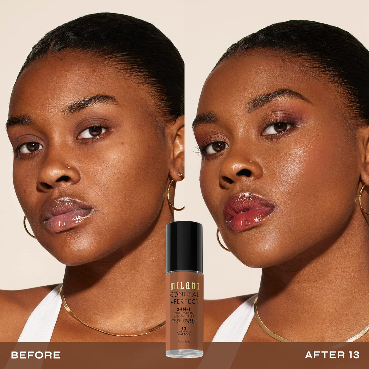 Milani Conceal + Perfect Foundation 13-Chestnut showing pump applicator