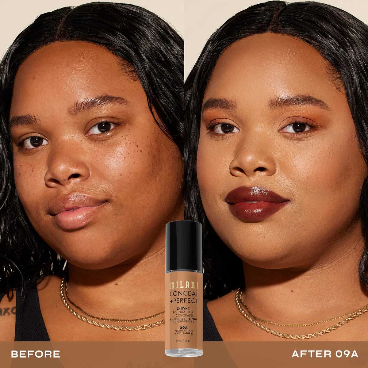 Milani Conceal + Perfect Foundation + Concealer 09A-Natural Tan bottle with pump
