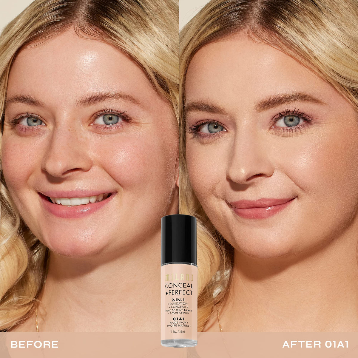 Milani Conceal + Perfect Liquid Foundation bottle side view