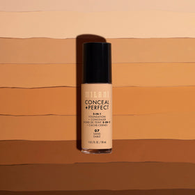 Milani Conceal + Perfect Liquid Foundation on a makeup vanity