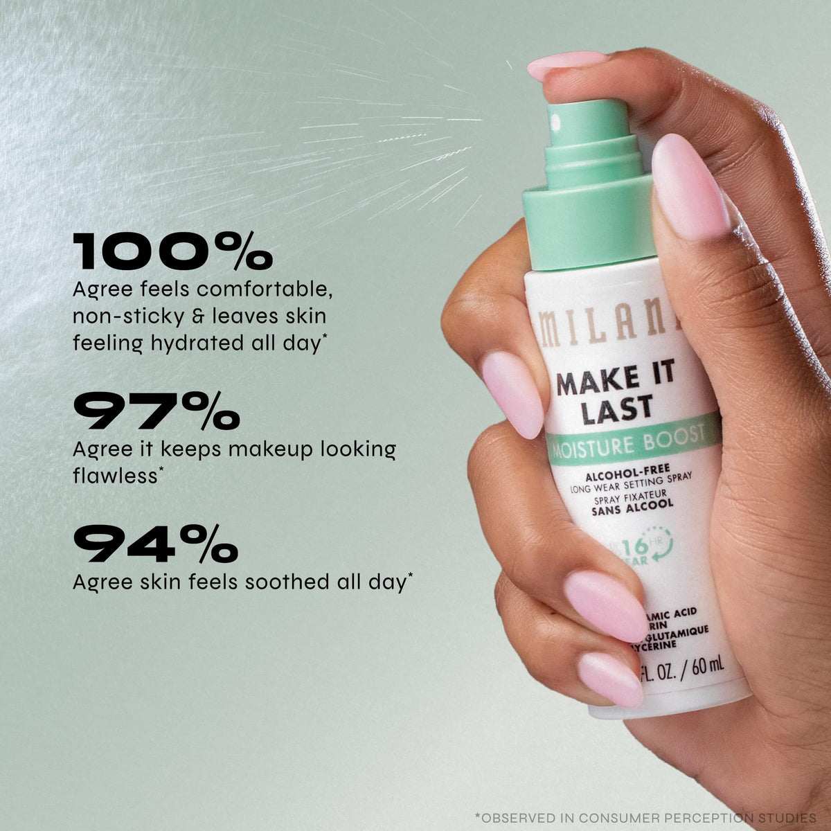 Milani Make It Last Moisture support Setting Spray application on skin