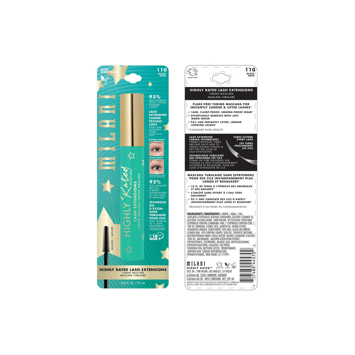Milani mascara wand close-up with product details