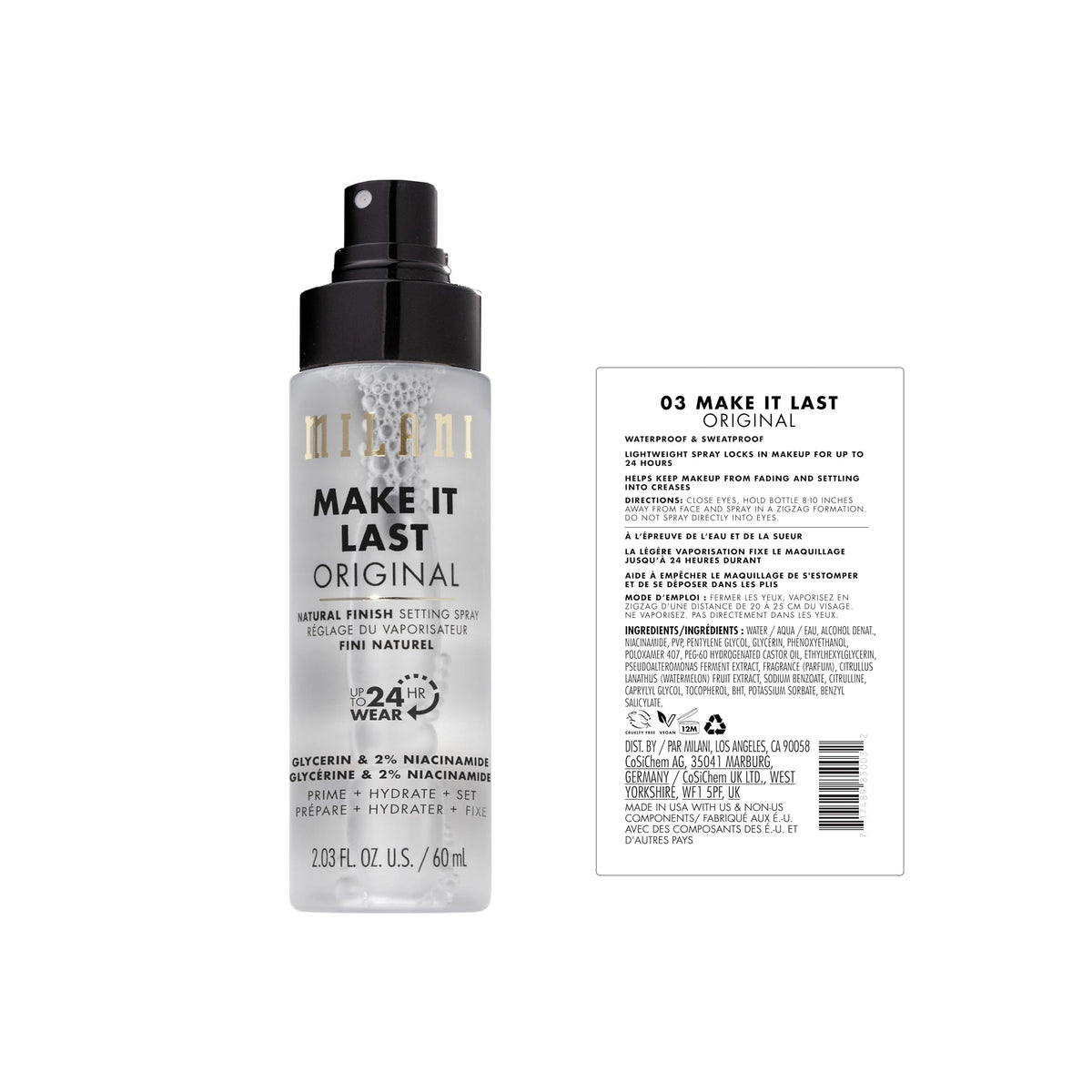 Milani Setting Spray + Primer back view with ingredients