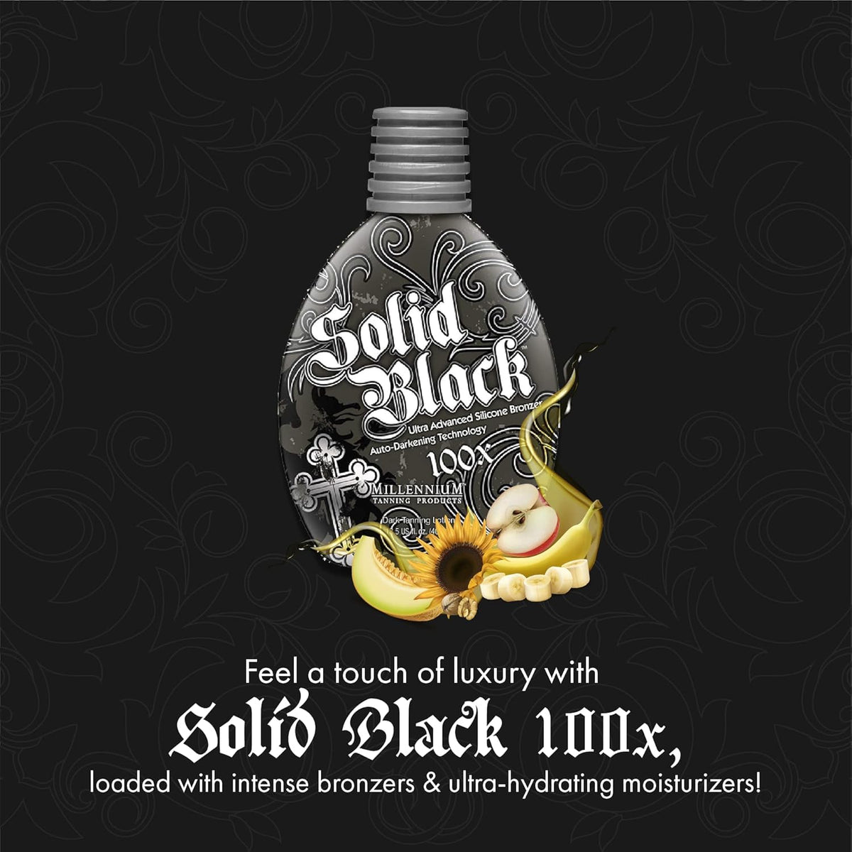 Millennium Tanning Solid Black 100X Dark Tanning Lotion on a beach