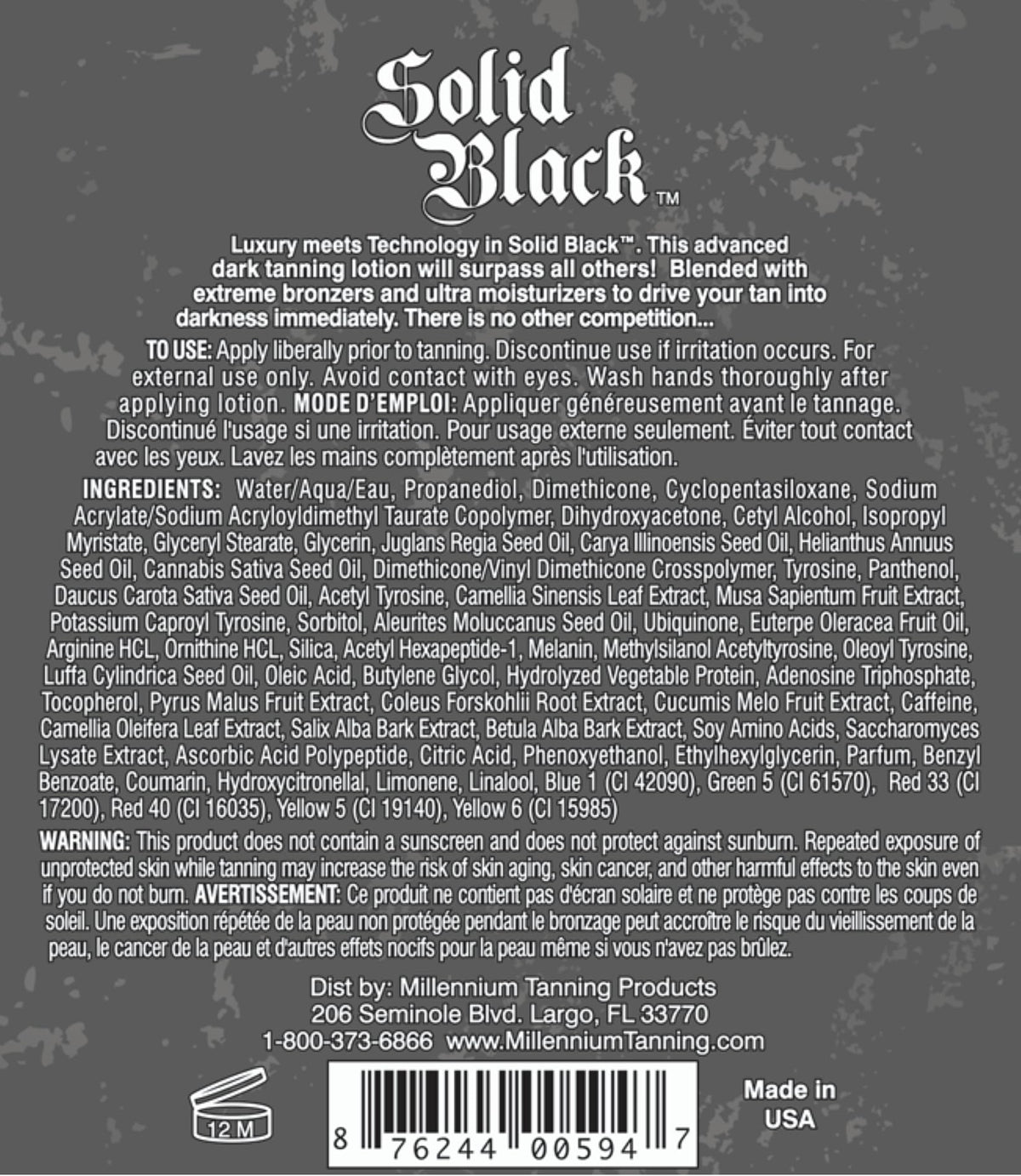 Millennium Tanning SOLID BLACK 100X Dark Tanning Lotion packaging