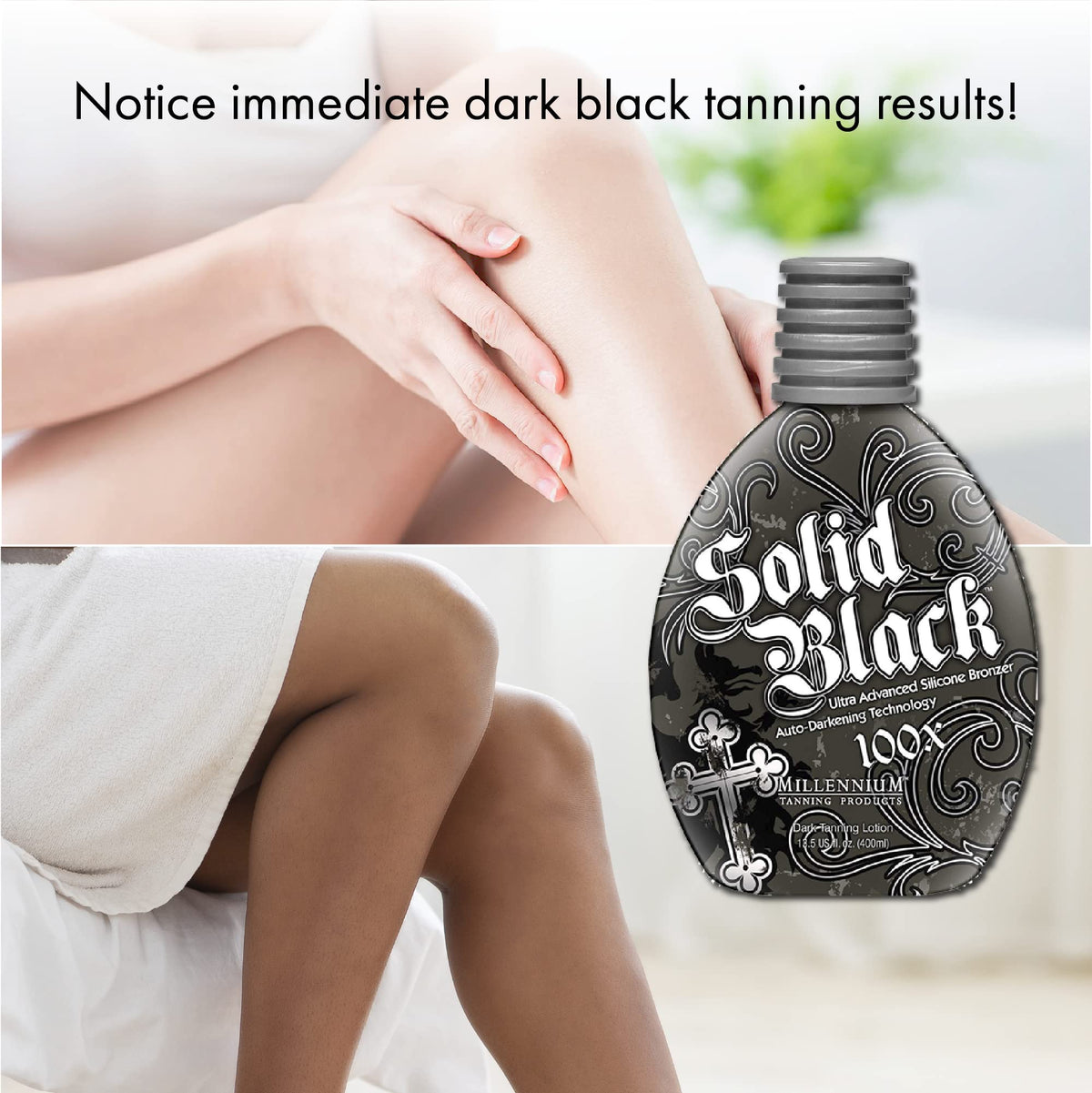 Millennium Tanning SOLID BLACK 100X Dark Tanning Lotion texture close-up