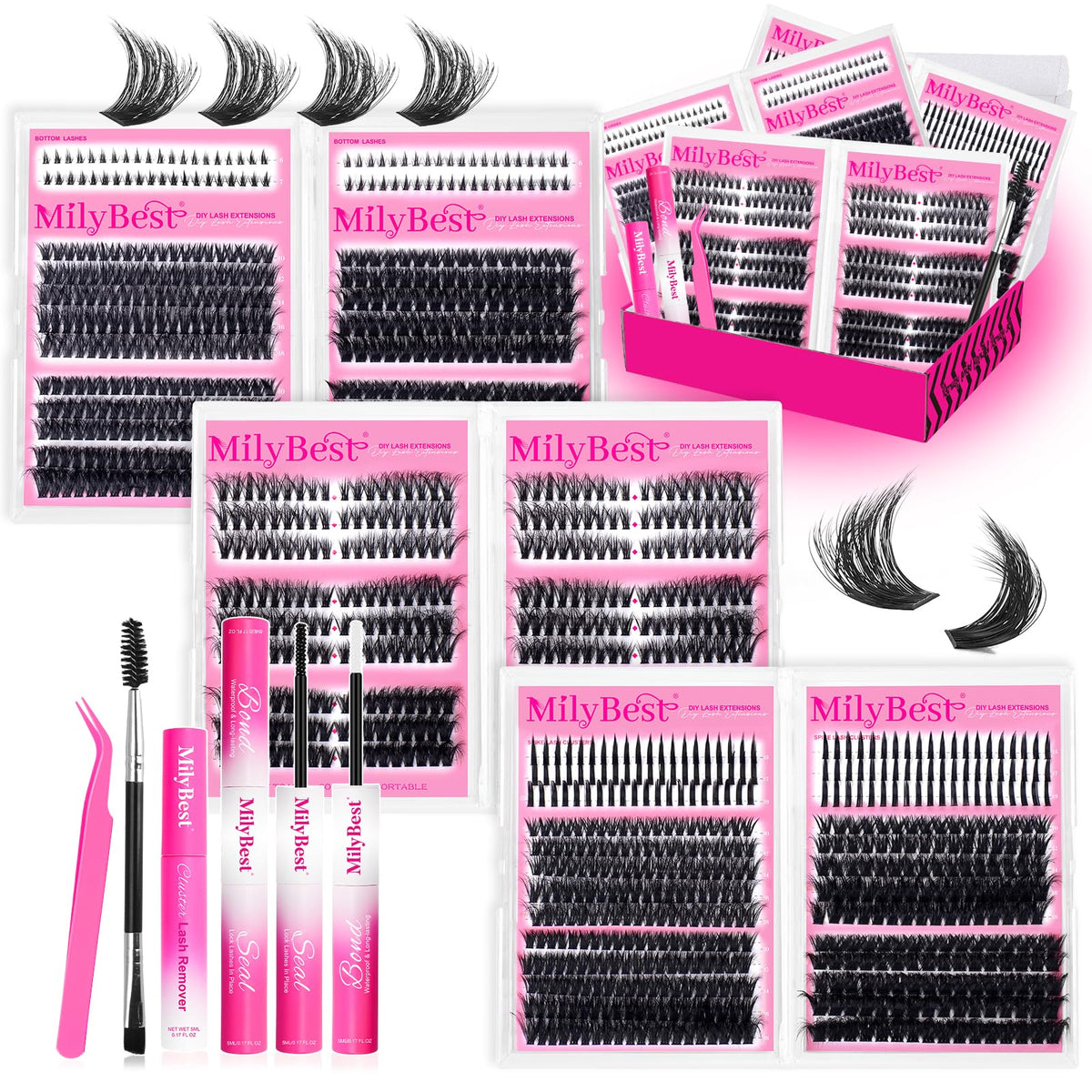 MilyBest 1238pcs Lash Clusters Kit front view with all components