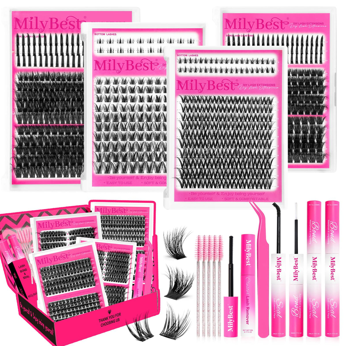 MilyBest 792pcs Lash Clusters Kit front view with all accessories
