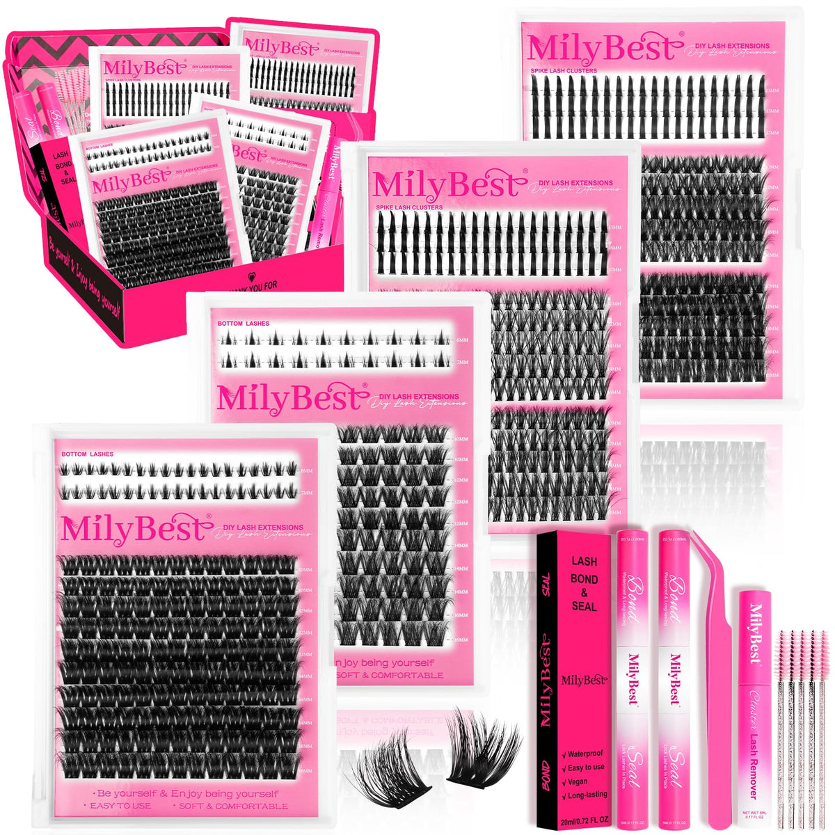 MilyBest 808pcs Lash Clusters Kit front view with all accessories