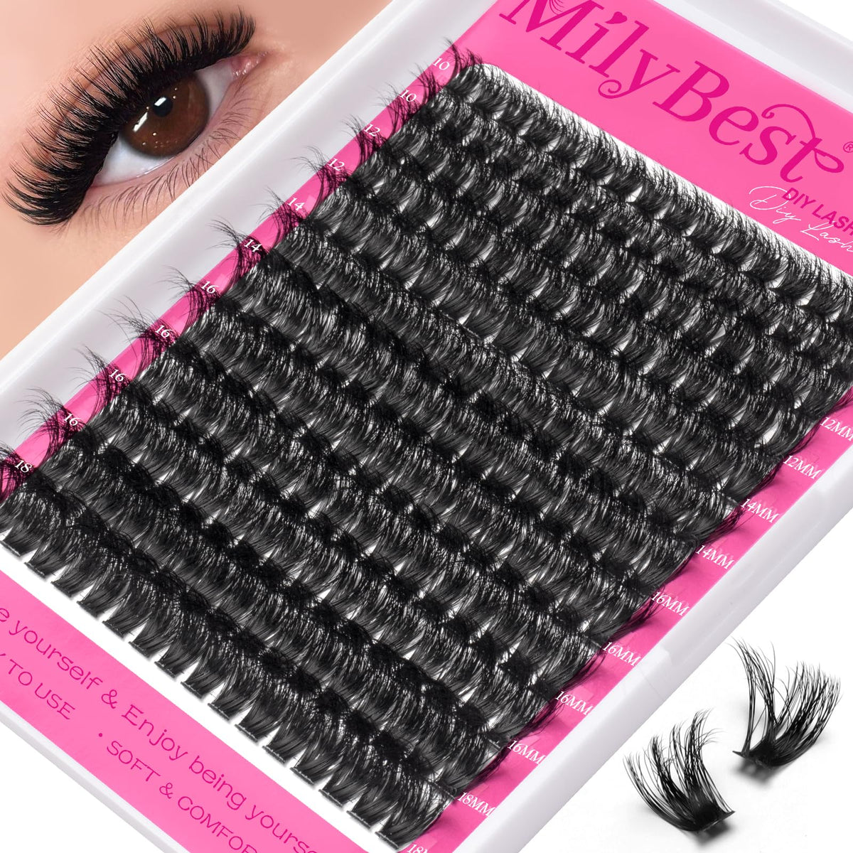 MilyBest Fluffy Lash Clusters front view with 10-18mm lengths
