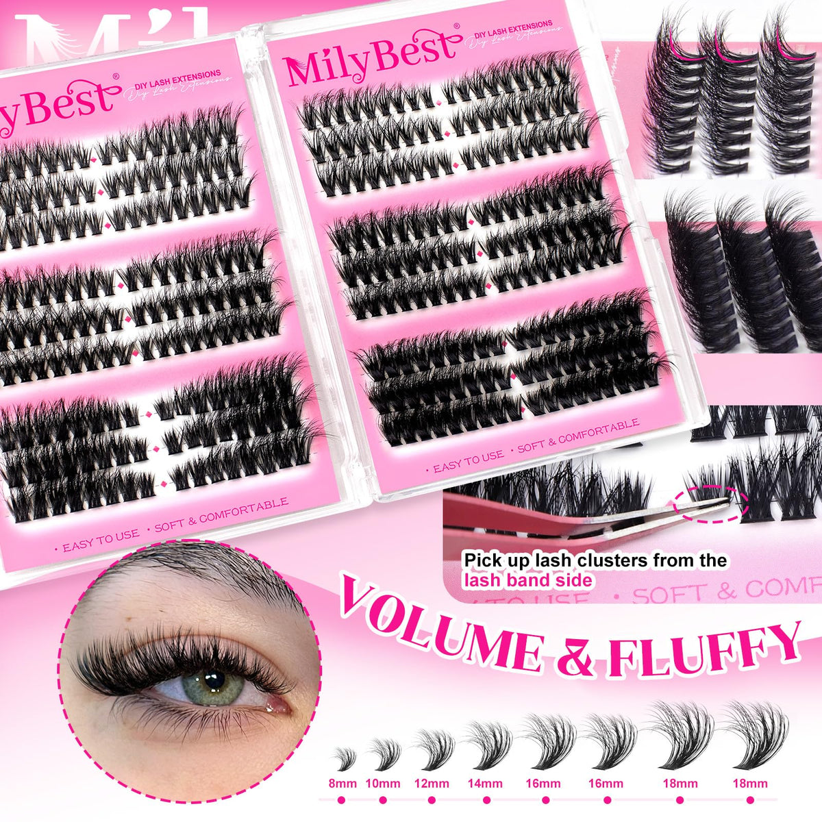 MilyBest lash clusters in various densities laid out