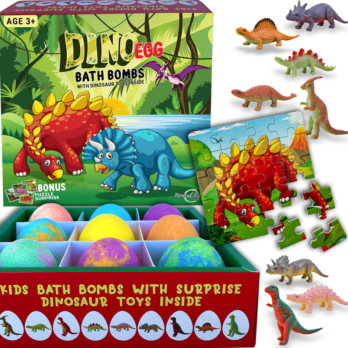 Mineral Me California Kids Bath Bombs assorted colours with dinosaur toys