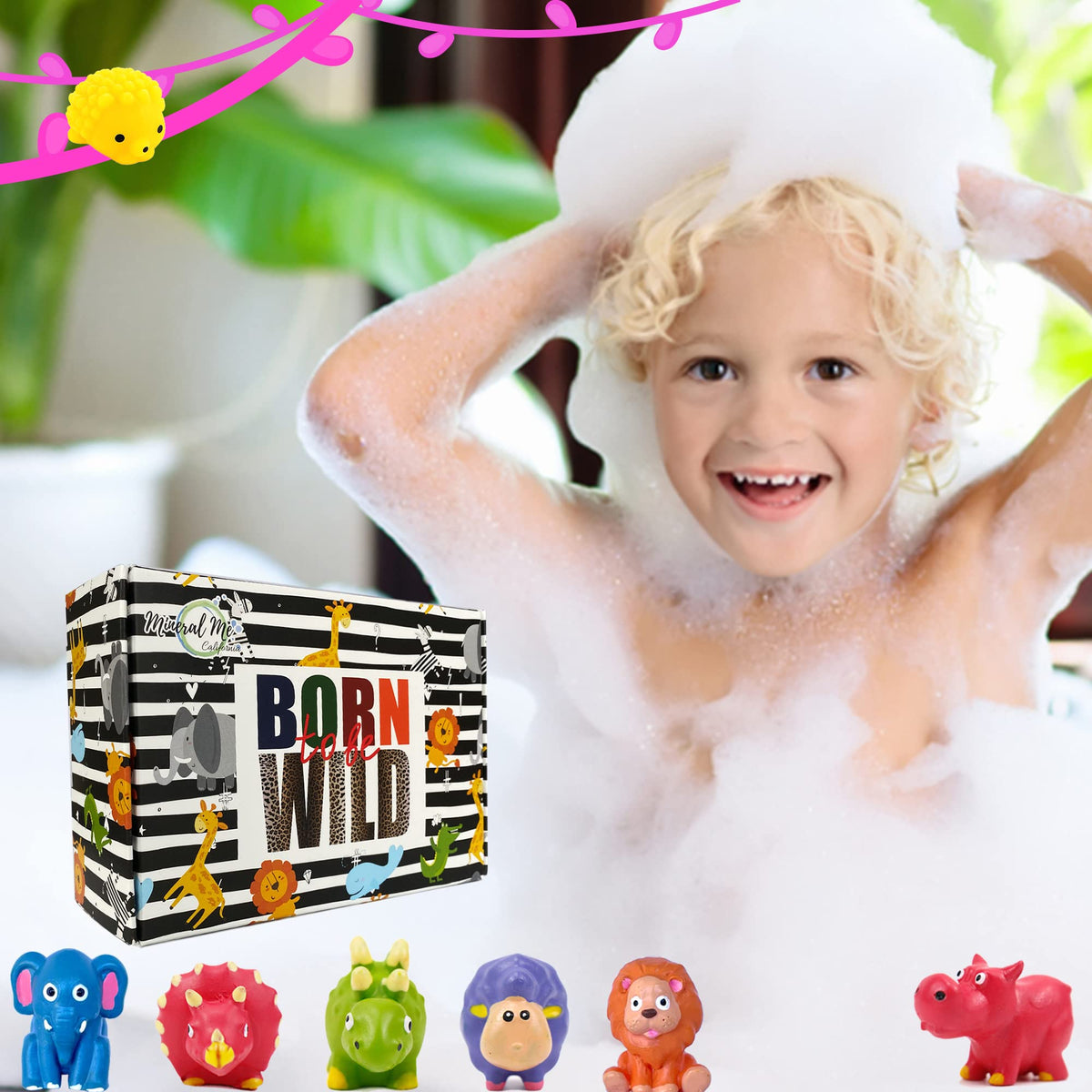 Mineral Me California Kids Bath Bombs set displayed with toys