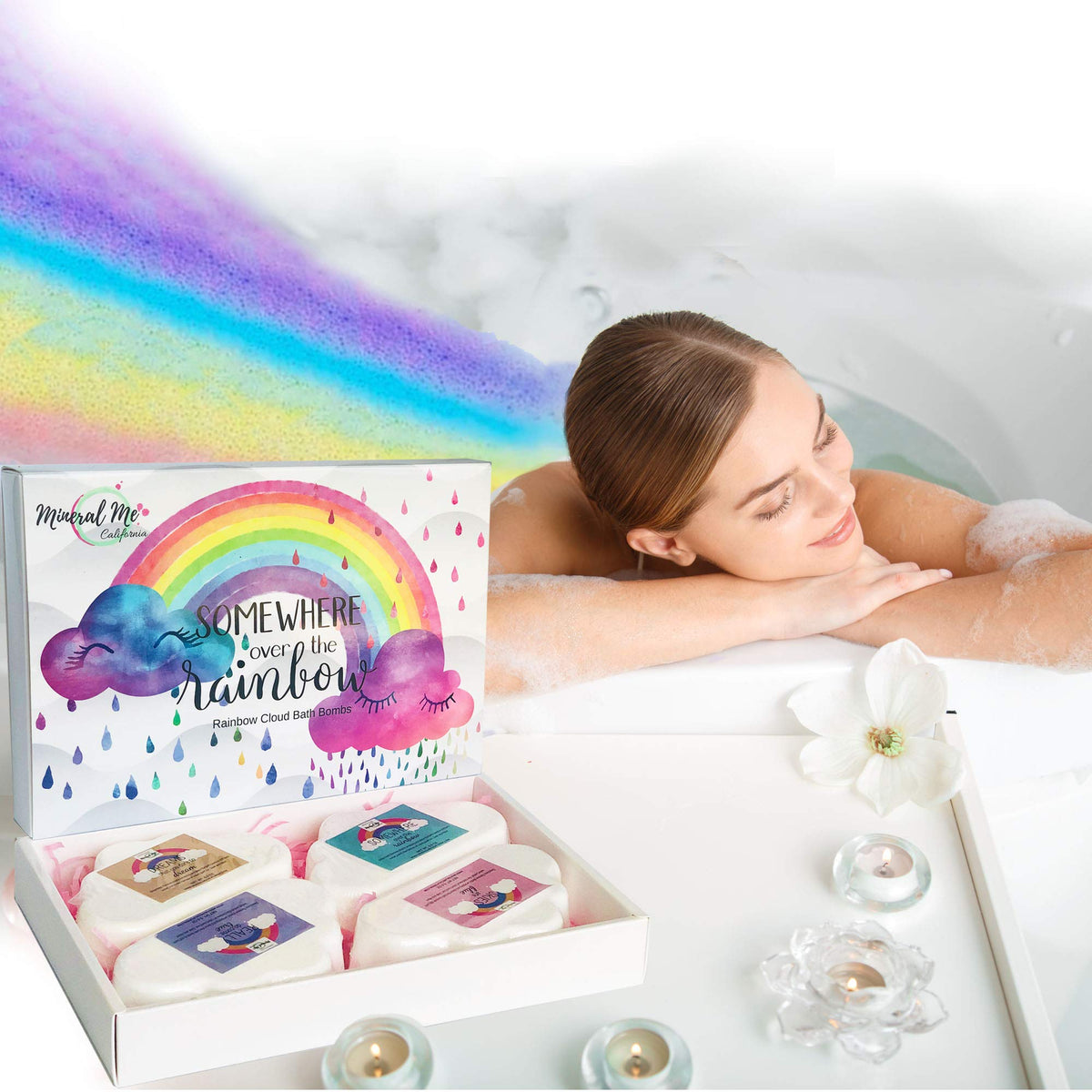 Mineral Me California Rainbow Cloud Bath Bombs with kids enjoying bath time