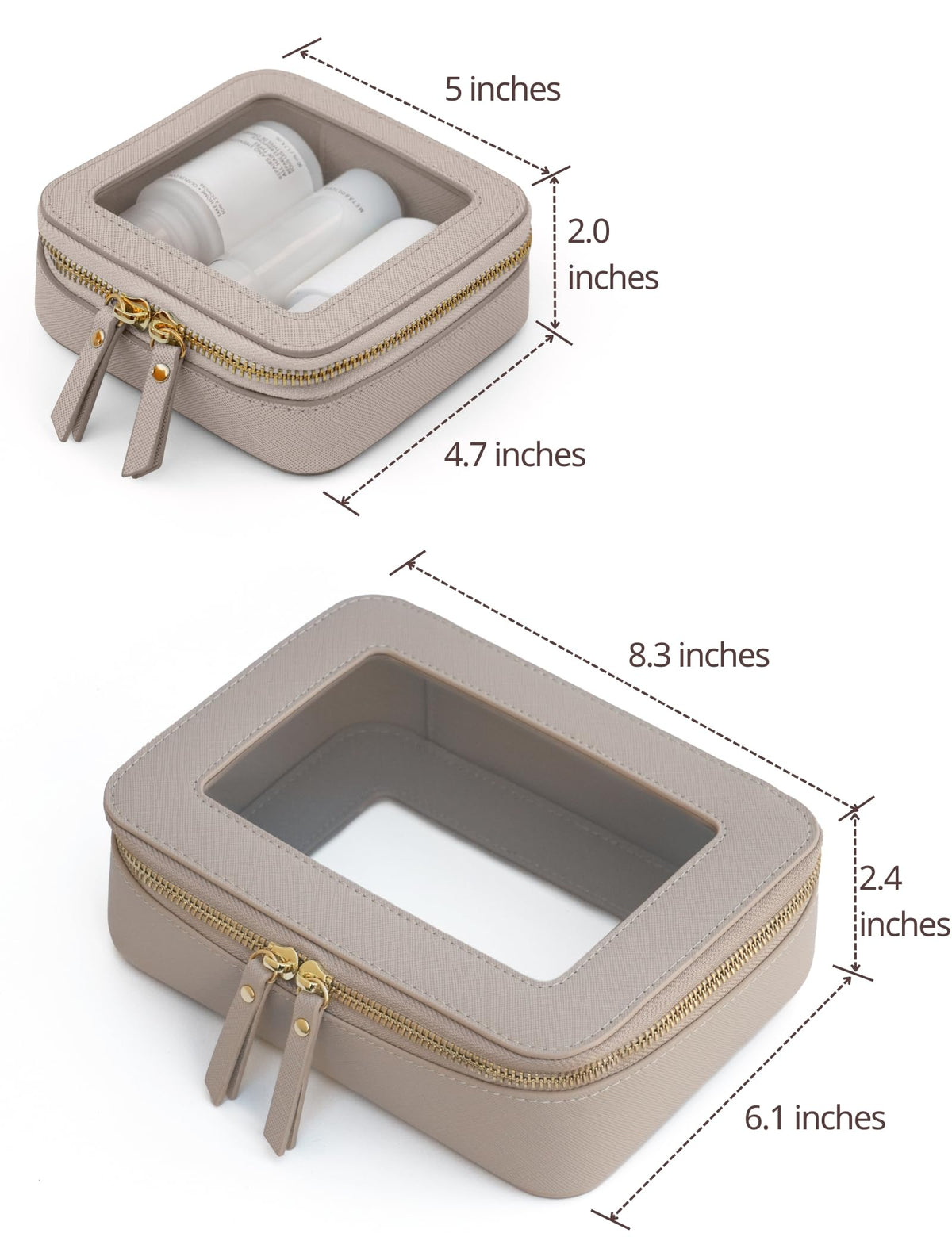 Mini clear makeup bag measuring 5'' x 4.7'' x 2''