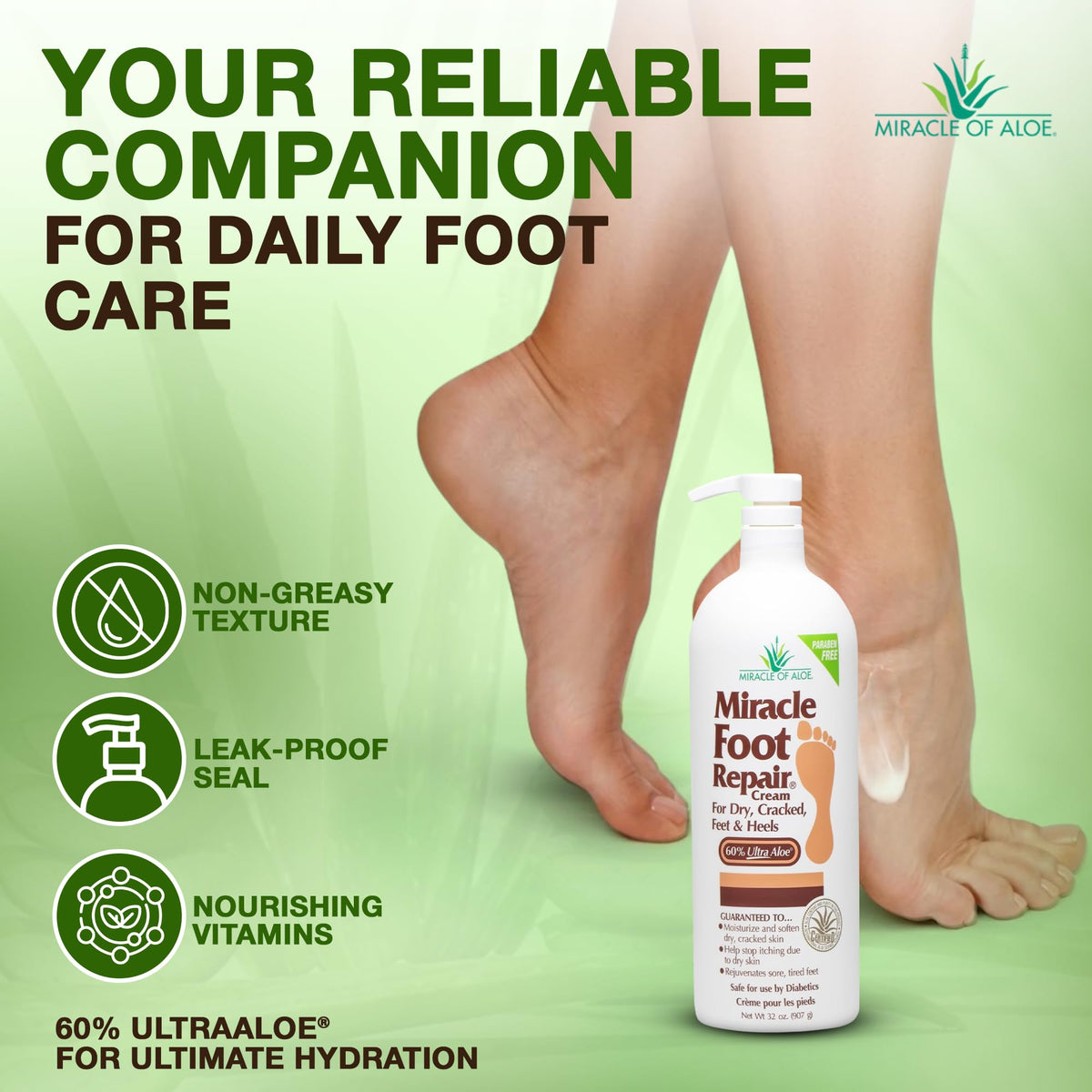Miracle of Aloe Foot Repair Cream 32 Oz with a soothing background