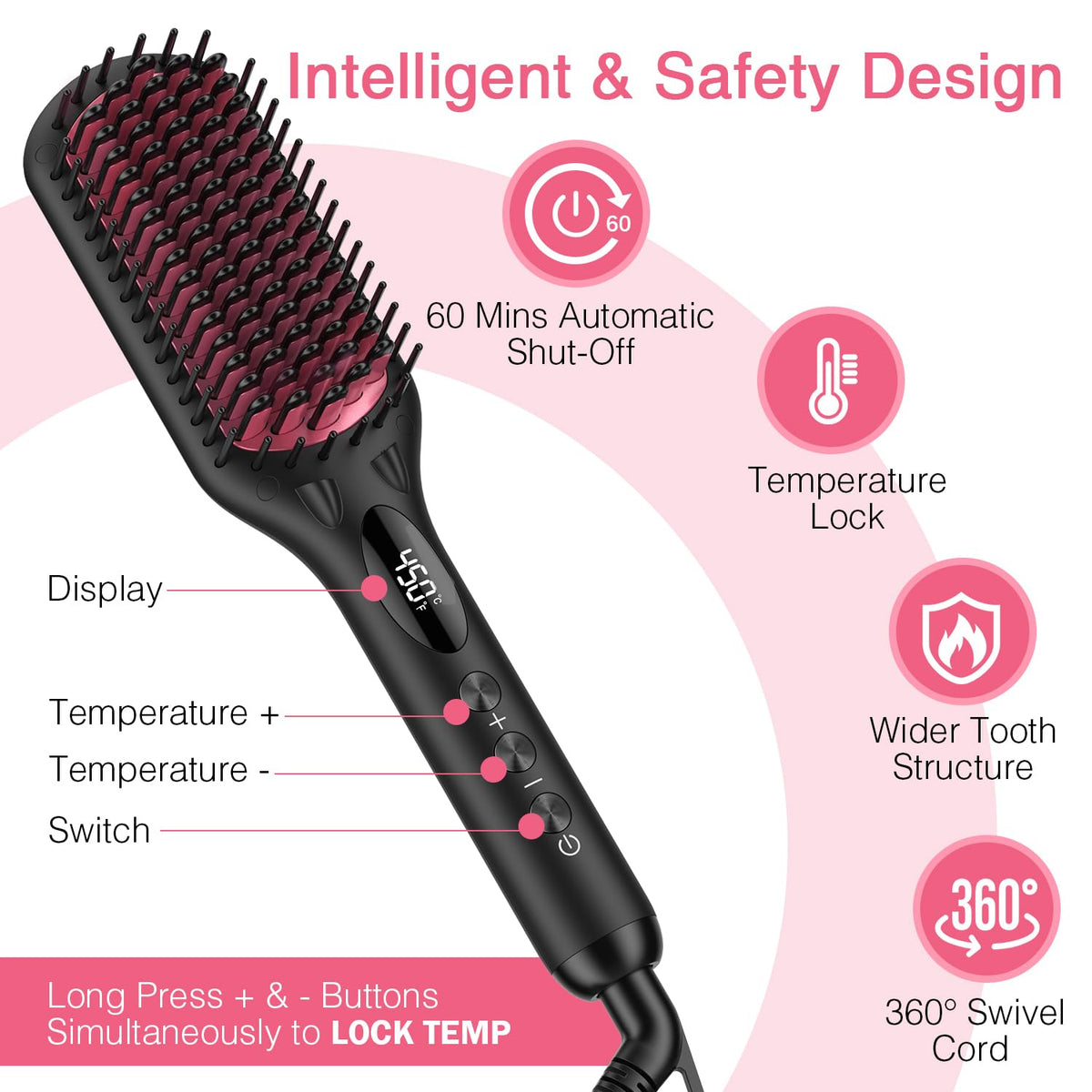 MiroPure hair straightener brush with temperature settings
