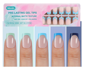 Misssix Blue French Tip Press on Nails front view with assorted sizes