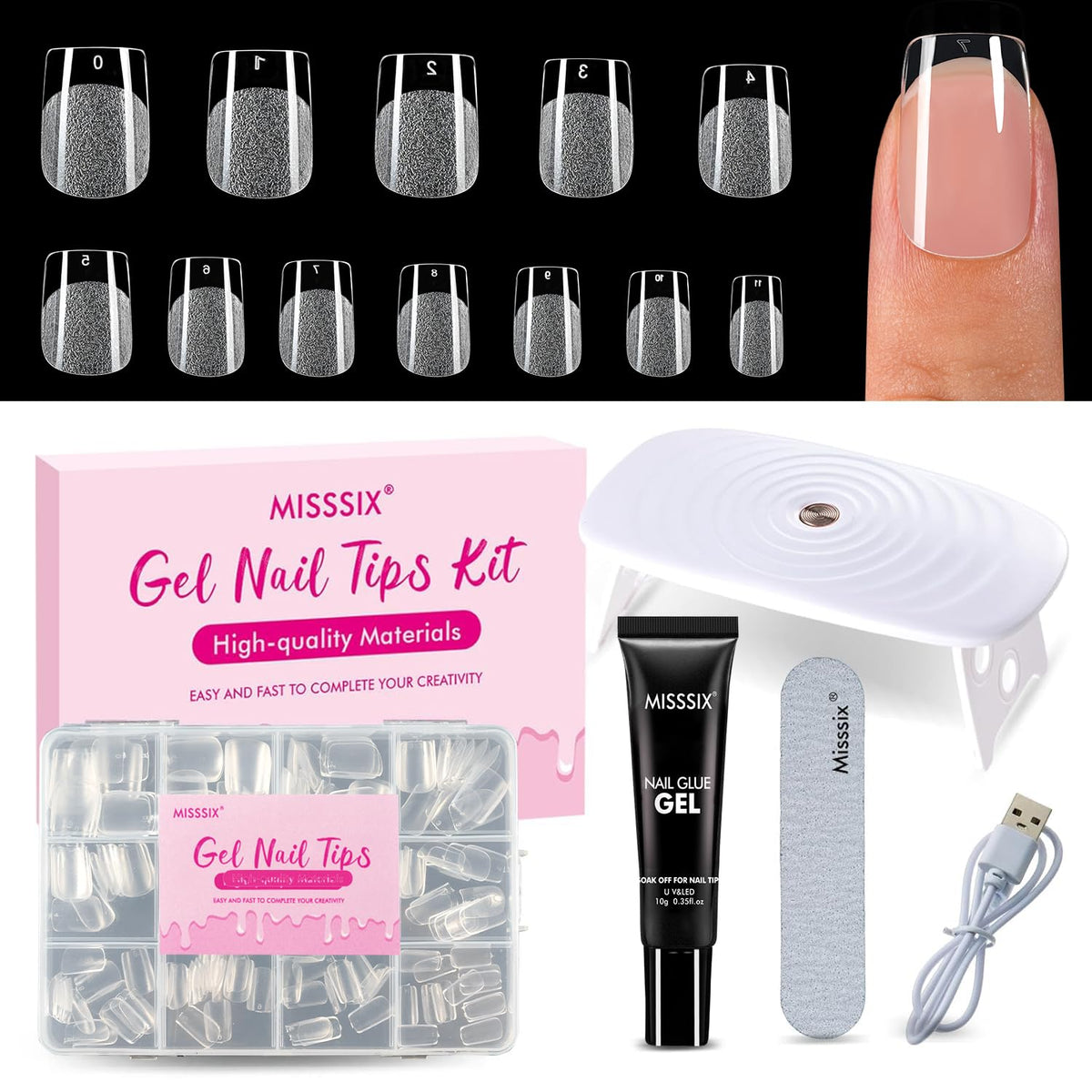 Misssix Extra Short Square Gel Nail Tips Kit front view with included items
