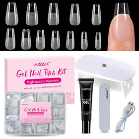 Misssix Medium Coffin Gel Nail Tips Kit packaging with nail tips and UV lamp