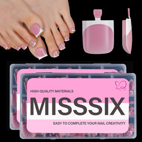 Misssix press on toenails square French tip in berry pink front view