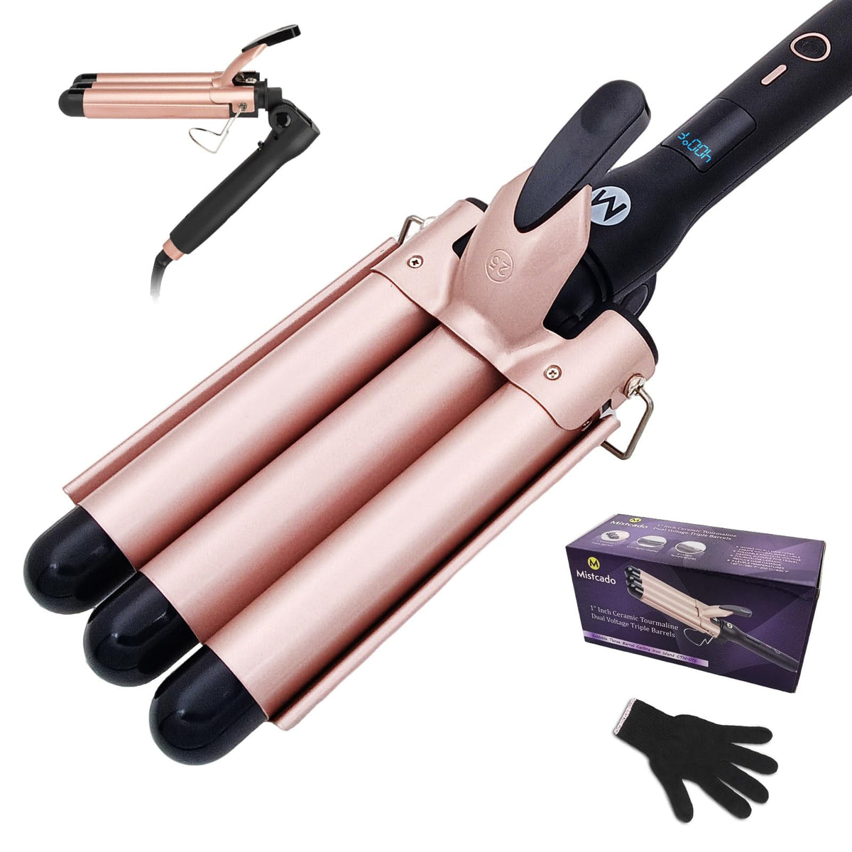 Mistcado 3 Barrel Curling Iron front view in gold