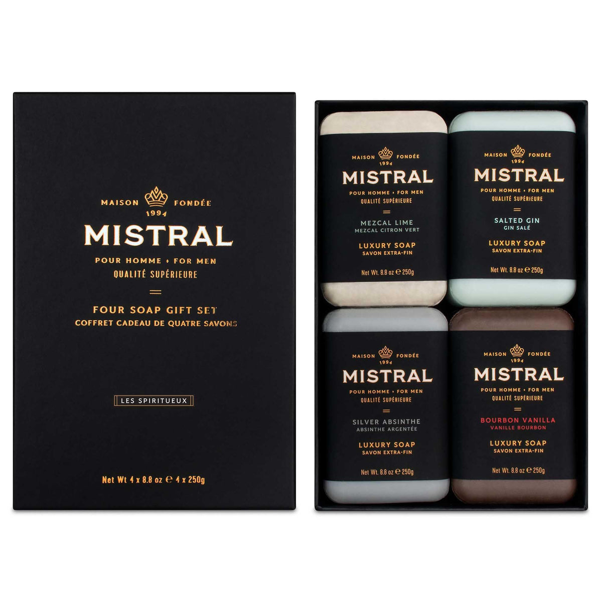 Mistral Men’s Luxury Bar Soap Gift Set with four bars in elegant packaging