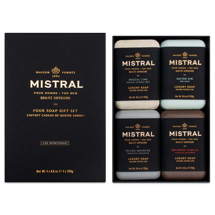 Mistral Men’s Luxury Bar Soap Gift Set with four bars in elegant packaging