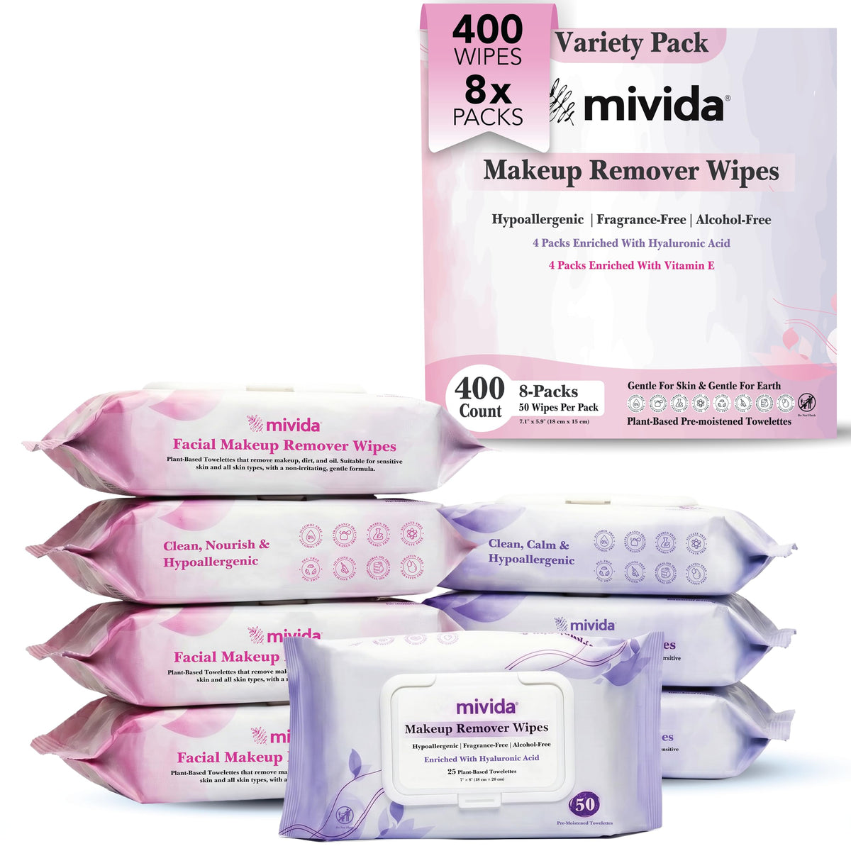 mivida Hypoallergenic Makeup Wipes 400 count packaging front view